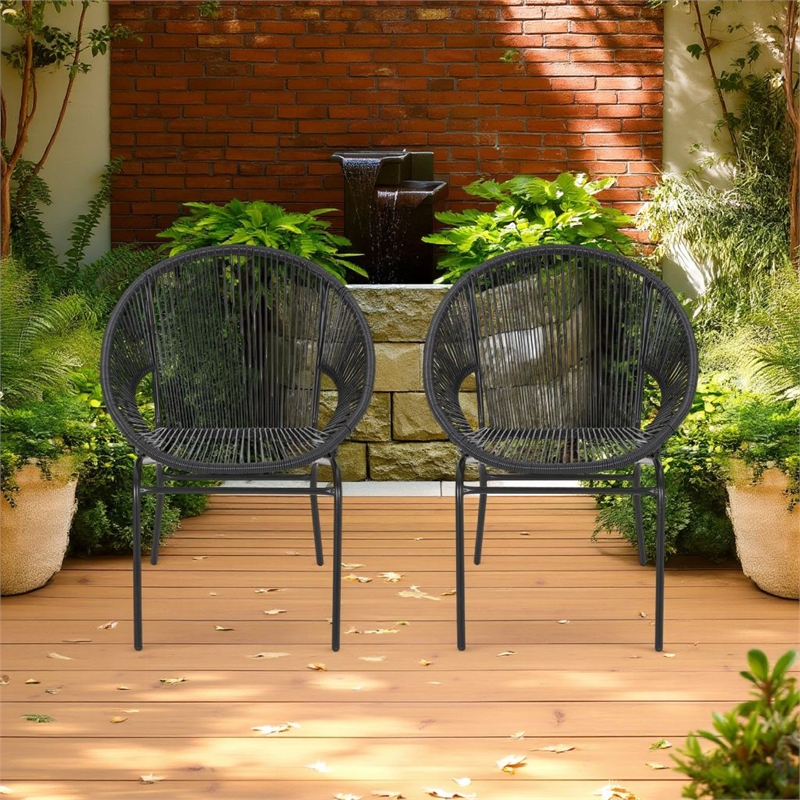Sanu Outdoor Accent Chair Set of 2- PE Rattan- Black Iron- Round Backrests