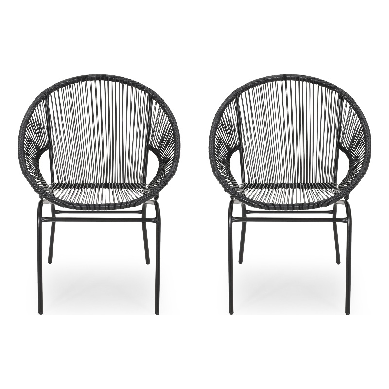 Sanu Outdoor Accent Chair Set of 2- PE Rattan- Black Iron- Round Backrests