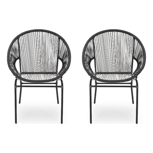 Sanu Outdoor Accent Chair Set of 2- PE Rattan- Black Iron- Round Backrests