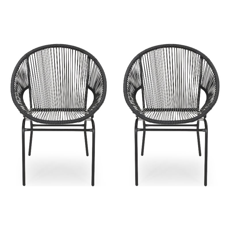 Sanu Outdoor Accent Chair Set of 2- PE Rattan- Black Iron- Round Backrests