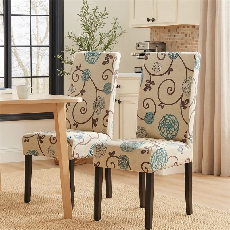 Dining Chair Set of 2- Beige Fabric- Soft Cushions- Black Rubberwood