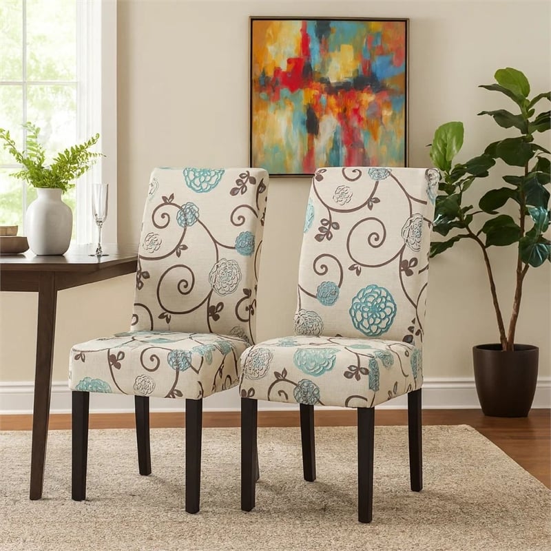 Dining Chair Set of 2- Beige Fabric- Soft Cushions- Black Rubberwood
