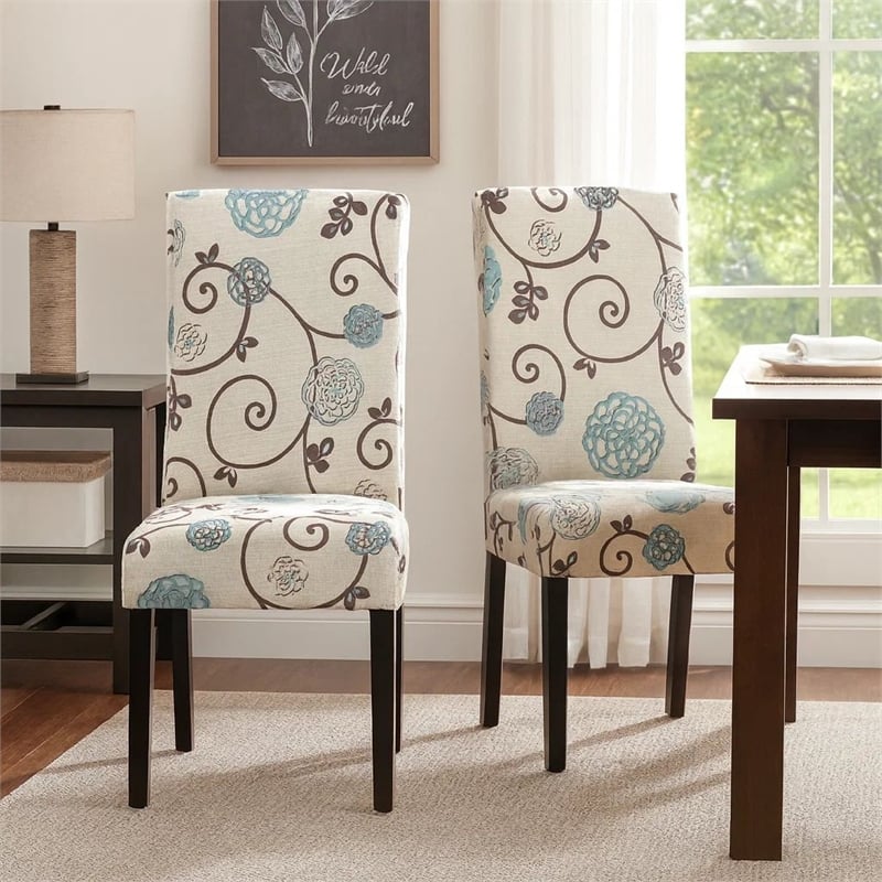 Dining Chair Set of 2- Beige Fabric- Soft Cushions- Black Rubberwood