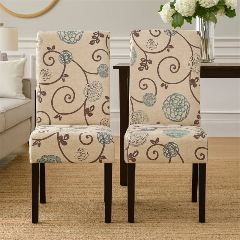 Dining Chair Set of 2- Beige Fabric- Soft Cushions- Black Rubberwood