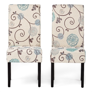 Dining Chair Set of 2- Beige Fabric- Soft Cushions- Black Rubberwood