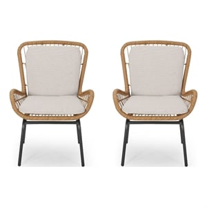 Outdoor Accent Chair Set of 2- White Fabric- Brown Faux Rattan- Black