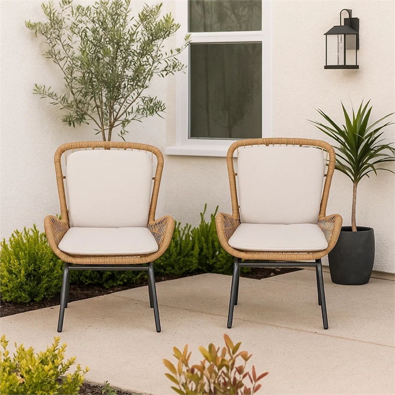 Outdoor Accent Chair Set of 2- White Fabric- Brown Faux Rattan- Black