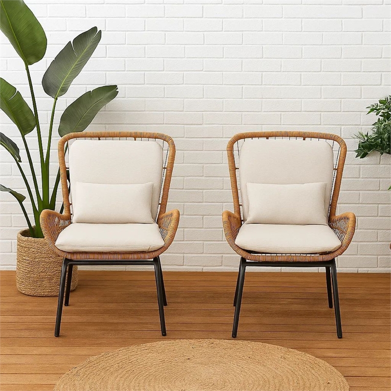 Outdoor Accent Chair Set of 2- White Fabric- Brown Faux Rattan- Black