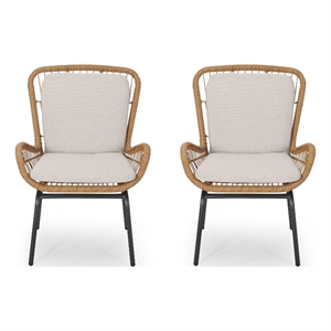 Outdoor Accent Chair Set of 2- White Fabric- Brown Faux Rattan- Black