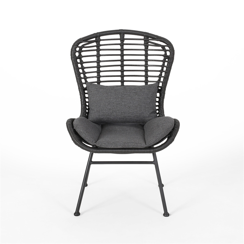 Outdoor Round Accent Chair Set of 2- Gray Faux Rattan- Black Iron