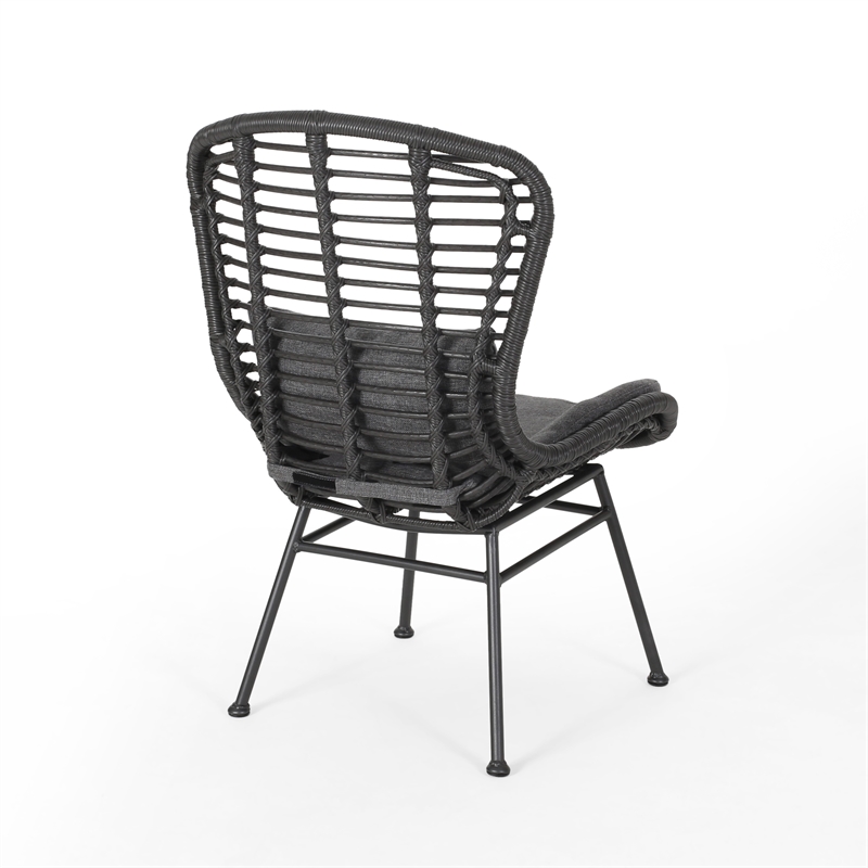 Outdoor Round Accent Chair Set of 2- Gray Faux Rattan- Black Iron