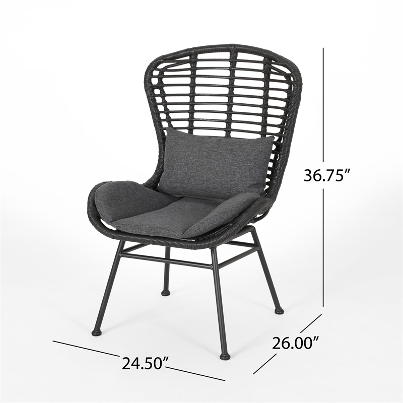 Outdoor Round Accent Chair Set of 2- Gray Faux Rattan- Black Iron