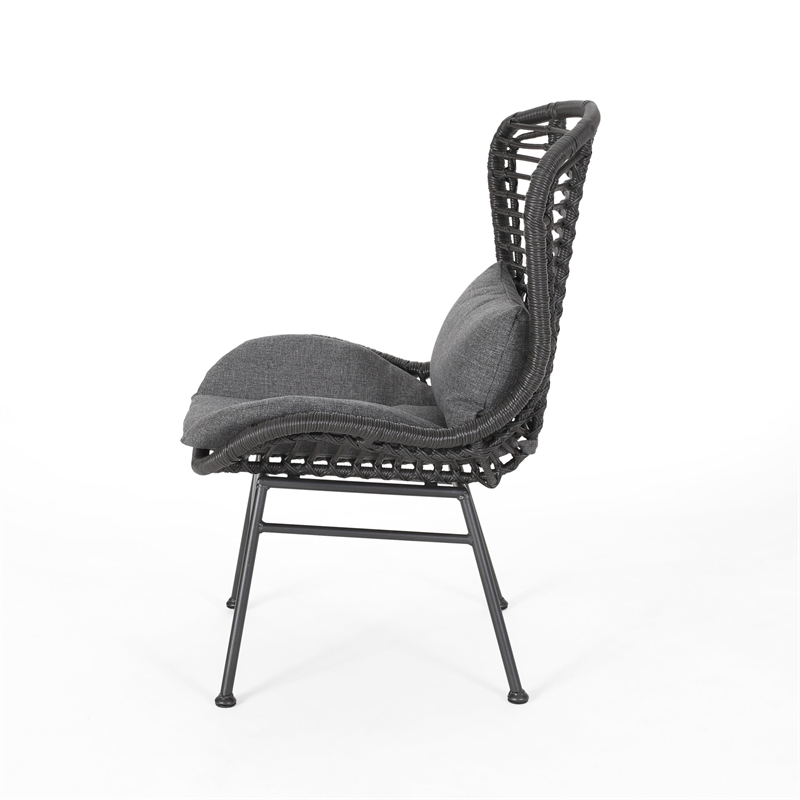 Outdoor Round Accent Chair Set of 2- Gray Faux Rattan- Black Iron