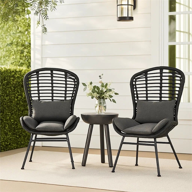 Outdoor Round Accent Chair Set of 2- Gray Faux Rattan- Black Iron