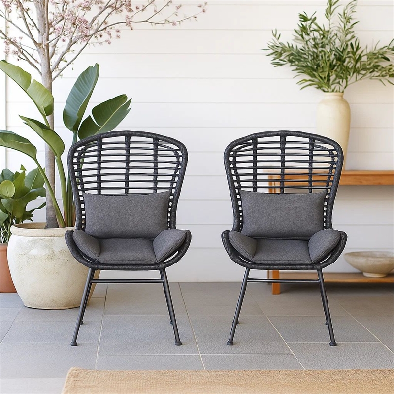 Outdoor Round Accent Chair Set of 2- Gray Faux Rattan- Black Iron