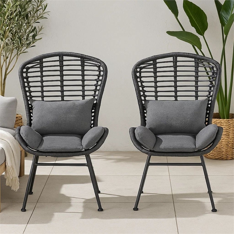Outdoor Round Accent Chair Set of 2- Gray Faux Rattan- Black Iron