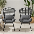 Outdoor Round Accent Chair Set of 2- Gray Faux Rattan- Black Iron
