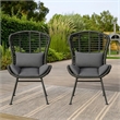 Outdoor Round Accent Chair Set of 2- Gray Faux Rattan- Black Iron