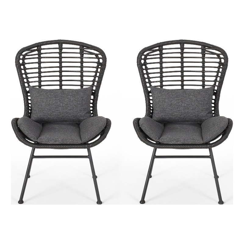 Outdoor Round Accent Chair Set of 2- Gray Faux Rattan- Black Iron