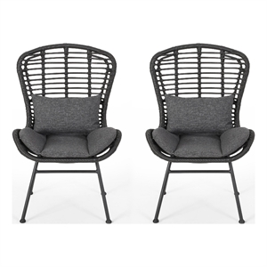 Outdoor Round Accent Chair Set of 2- Gray Faux Rattan- Black Iron