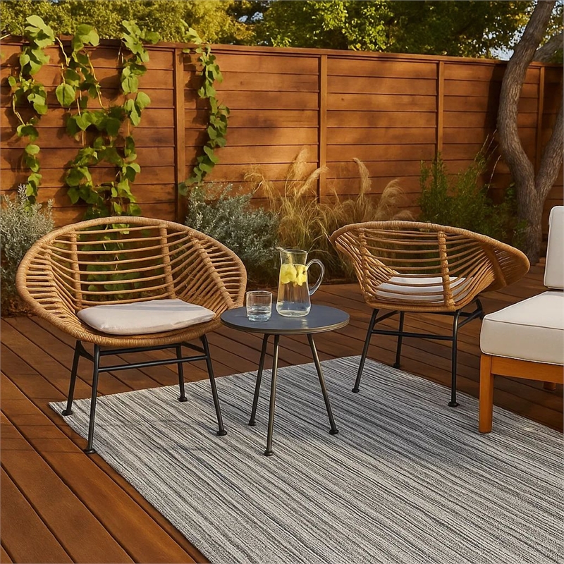 Outdoor Accent Chair Set of 2- Beige- Basket Brown Faux Rattan- Black