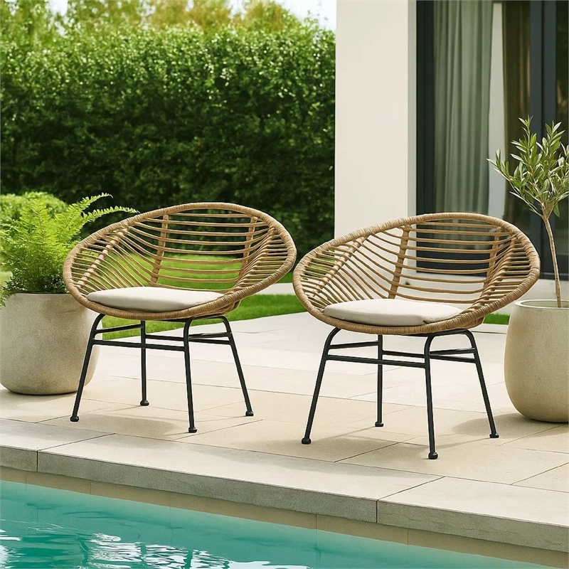 Outdoor Accent Chair Set of 2- Beige- Basket Brown Faux Rattan- Black