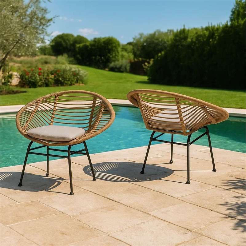 Outdoor Accent Chair Set of 2- Beige- Basket Brown Faux Rattan- Black