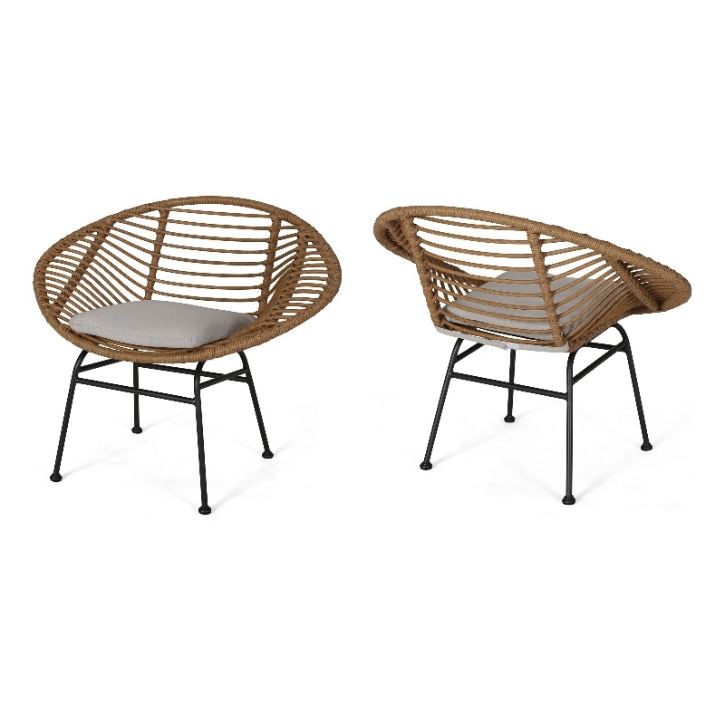 Outdoor Accent Chair Set of 2- Beige- Basket Brown Faux Rattan- Black