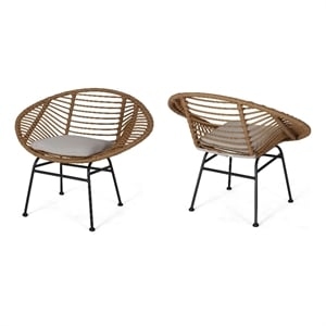 Outdoor Accent Chair Set of 2- Beige- Basket Brown Faux Rattan- Black