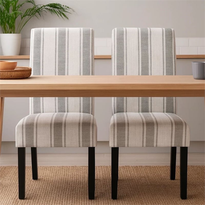 Dinner Chair Set of 2- Retro Style Armless Design- White Gray Stripes