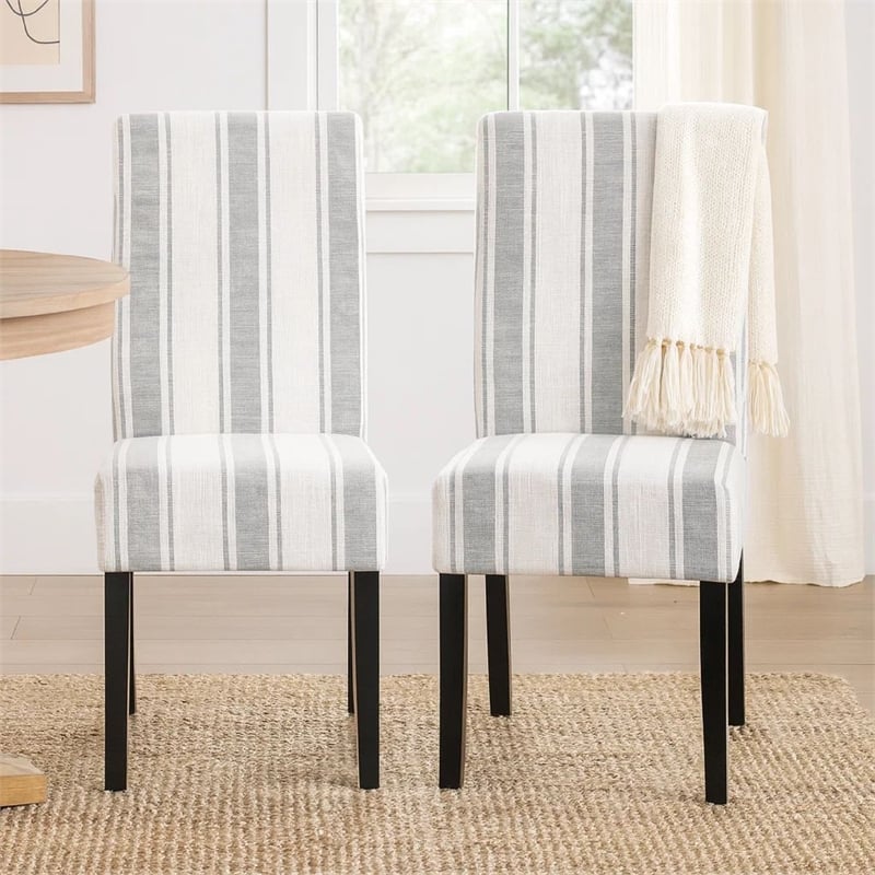 Dinner Chair Set of 2- Retro Style Armless Design- White Gray Stripes