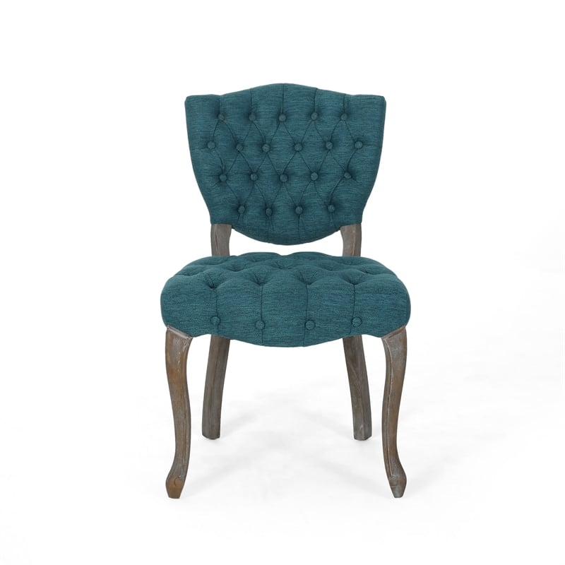 Dining Chair Set of 2- Button Tufted Teal Fabric Design- Rubberwood