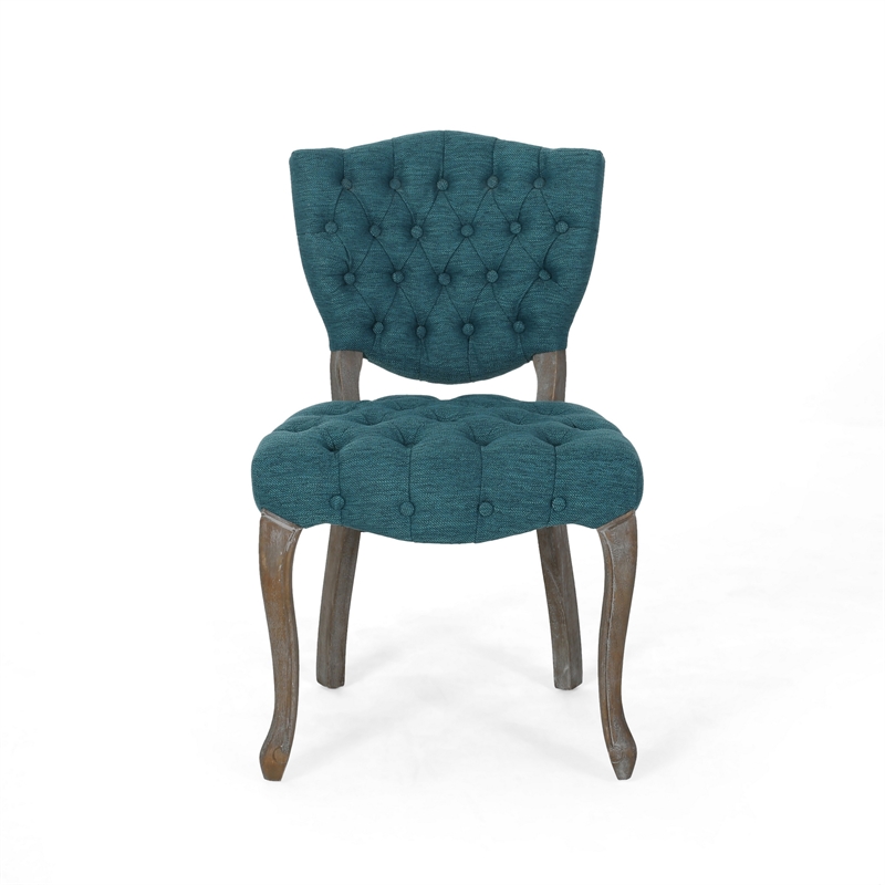 Dining Chair Set of 2- Button Tufted Teal Fabric Design- Rubberwood
