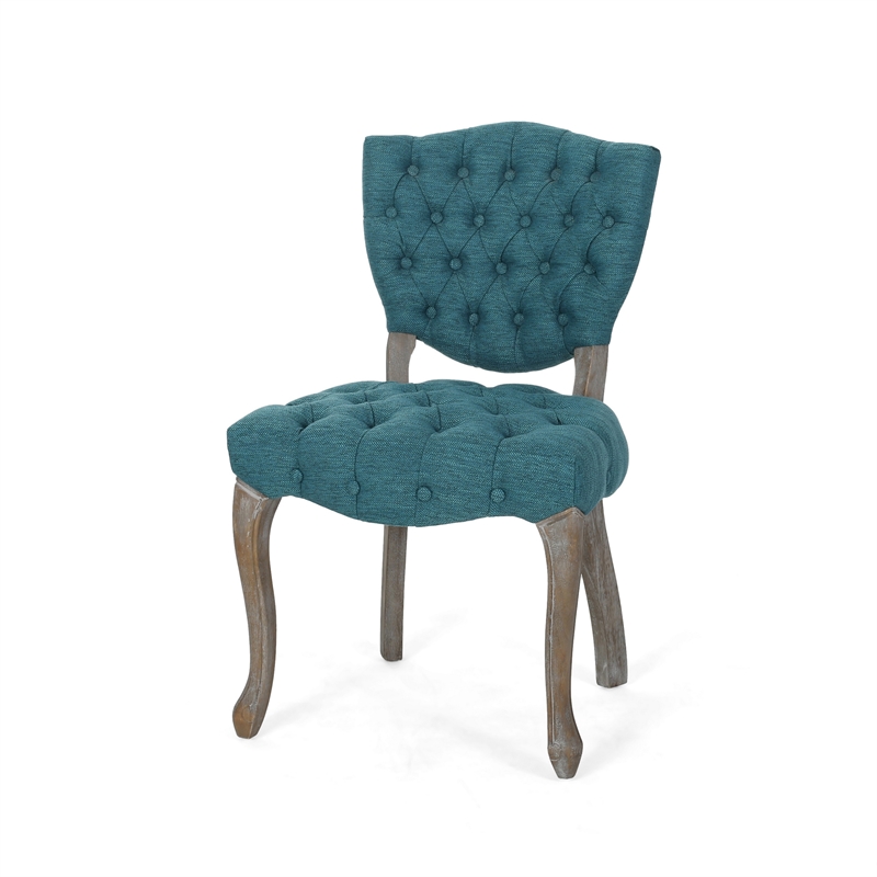 Dining Chair Set of 2- Button Tufted Teal Fabric Design- Rubberwood