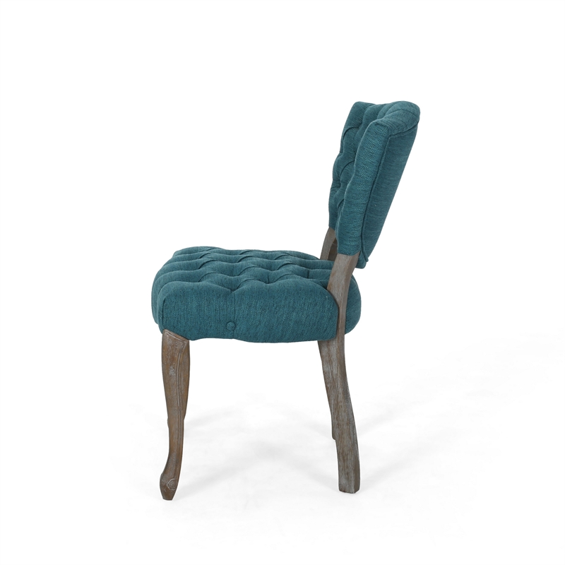 Dining Chair Set of 2- Button Tufted Teal Fabric Design- Rubberwood