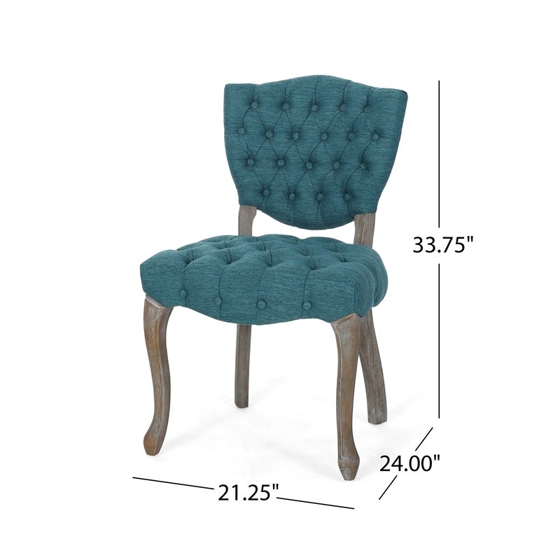 Dining Chair Set of 2- Button Tufted Teal Fabric Design- Rubberwood