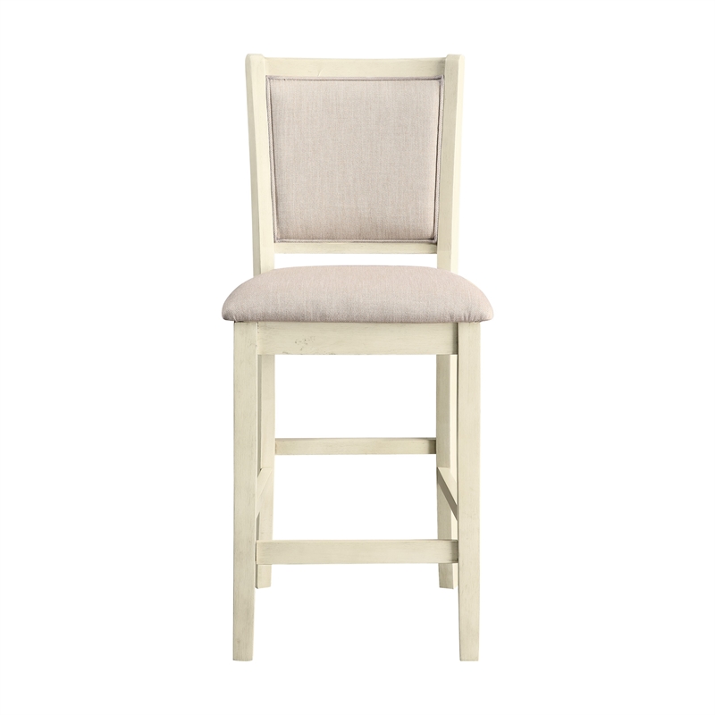 Han Counter Chair Set of 2- Beige Fabric- Ivory Solid Rubberwood