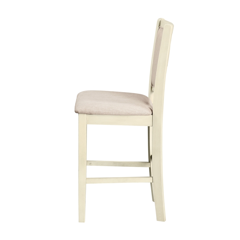 Han Counter Chair Set of 2- Beige Fabric- Ivory Solid Rubberwood