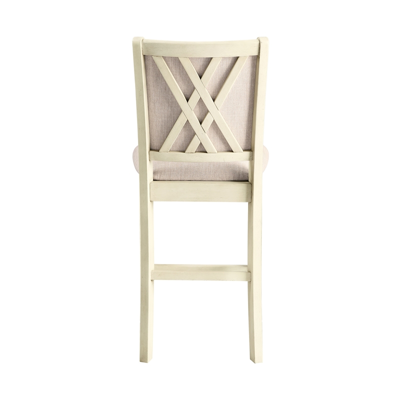 Han Counter Chair Set of 2- Beige Fabric- Ivory Solid Rubberwood