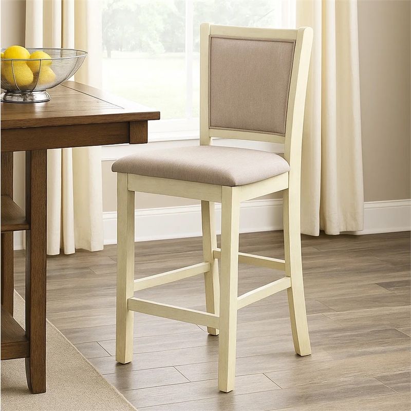 Han Counter Chair Set of 2- Beige Fabric- Ivory Solid Rubberwood