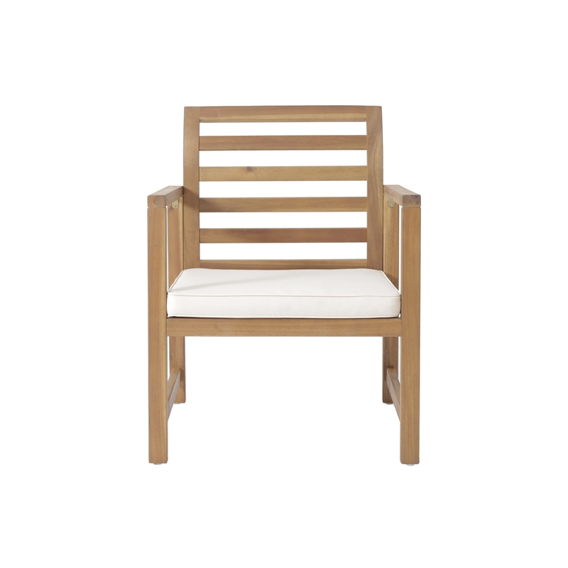 Outdoor Club Chair Set of 2- Slat Back- Brown Acacia Wood- White Fabric