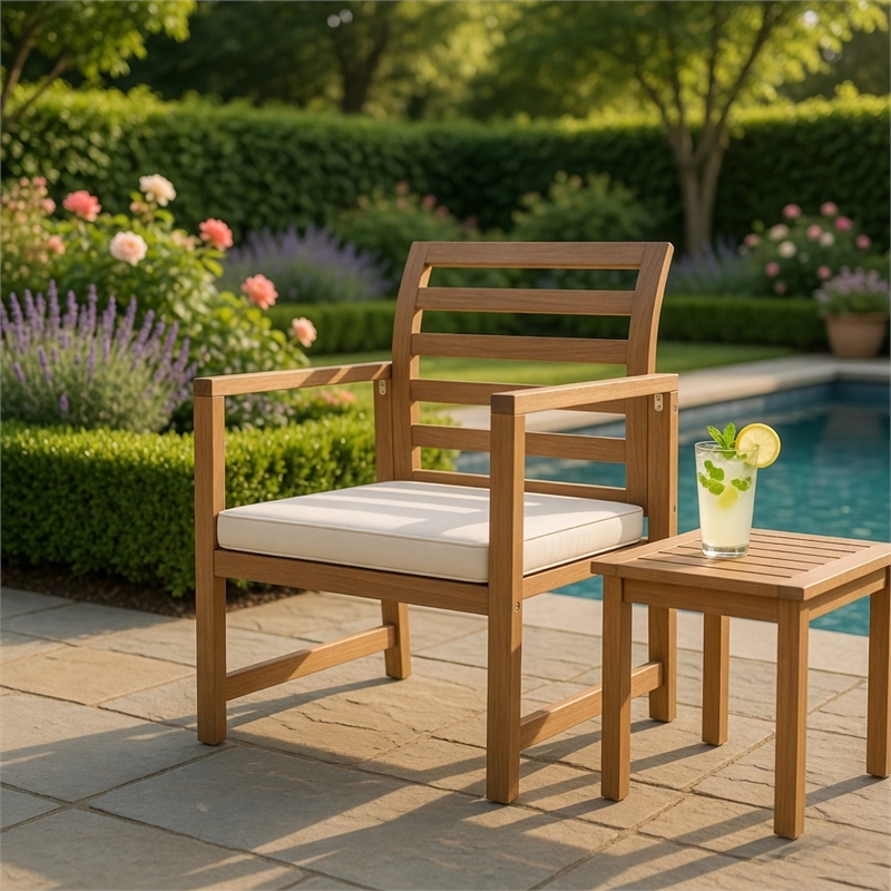 Outdoor Club Chair Set of 2- Slat Back- Brown Acacia Wood- White Fabric