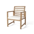 Outdoor Club Chair Set of 2- Slat Back- Brown Acacia Wood- White Fabric