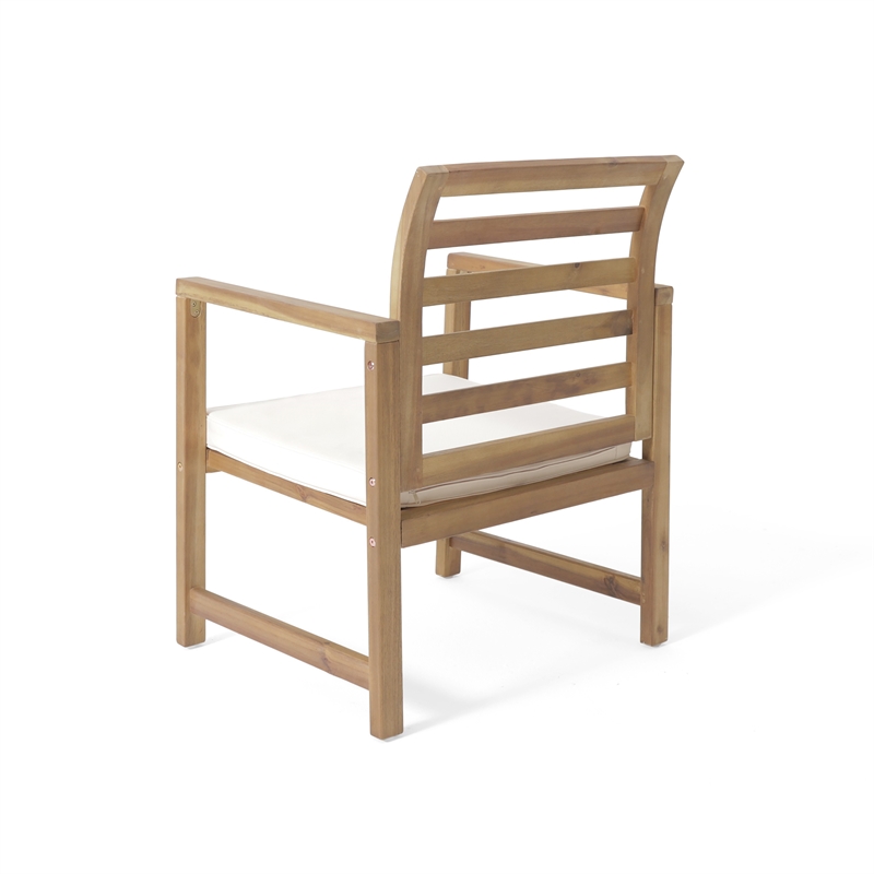 Outdoor Club Chair Set of 2- Slat Back- Brown Acacia Wood- White Fabric