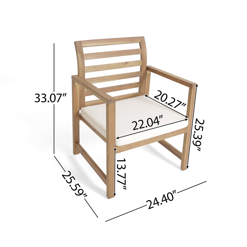 Outdoor Club Chair Set of 2- Slat Back- Brown Acacia Wood- White Fabric