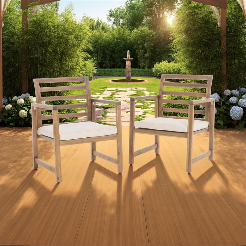 Outdoor Club Chair Set of 2- Slat Back- Brown Acacia Wood- White Fabric