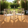 Outdoor Club Chair Set of 2- Slat Back- Brown Acacia Wood- White Fabric
