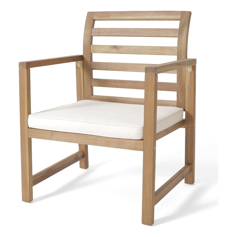 Outdoor Club Chair Set of 2- Slat Back- Brown Acacia Wood- White Fabric