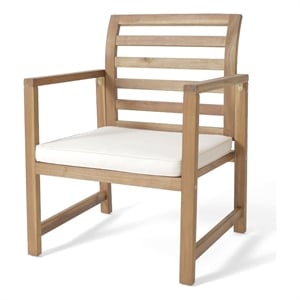 Outdoor Club Chair Set of 2- Slat Back- Brown Acacia Wood- White Fabric