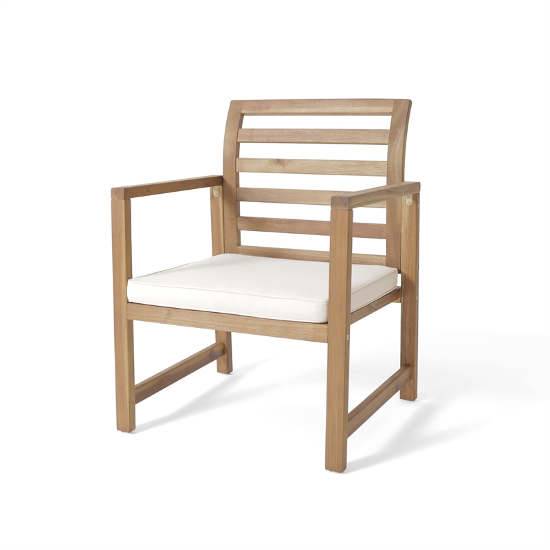 Outdoor Club Chair Set of 2- Slat Back- Brown Acacia Wood- White Fabric
